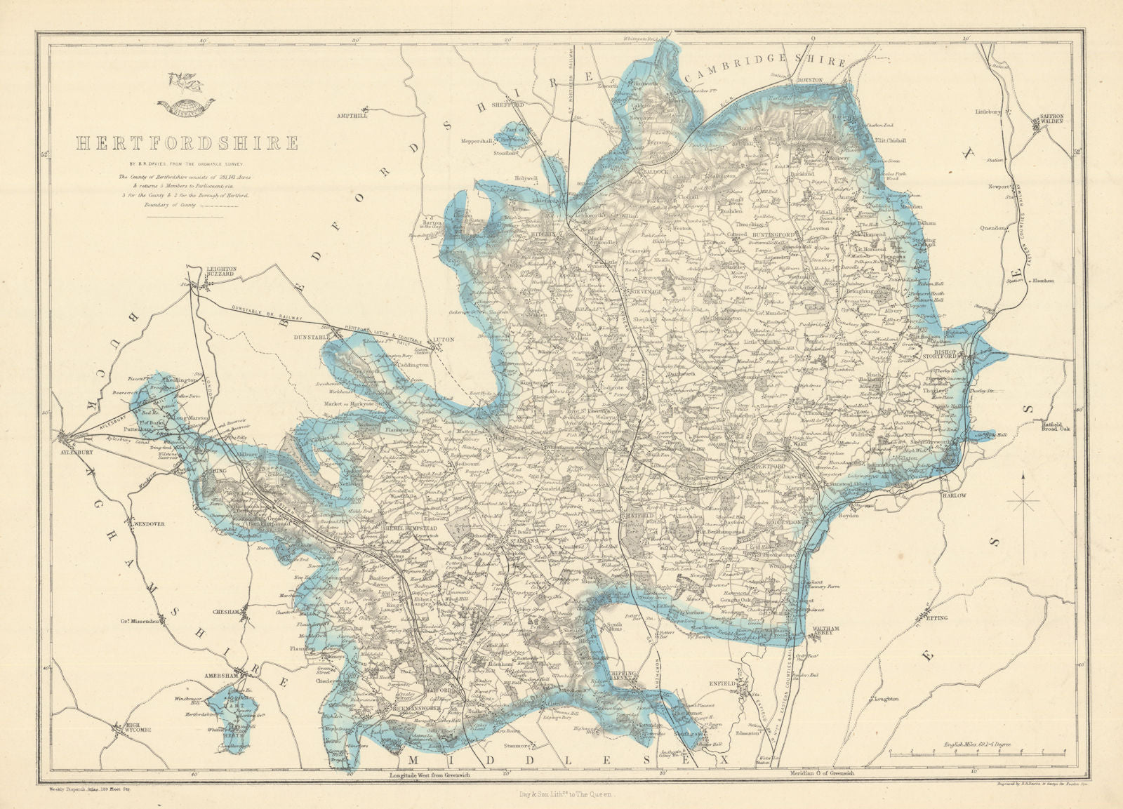 HERTFORDSHIRE antique county map. Shows 2 exclaves. Railways.BR DAVIES 1863